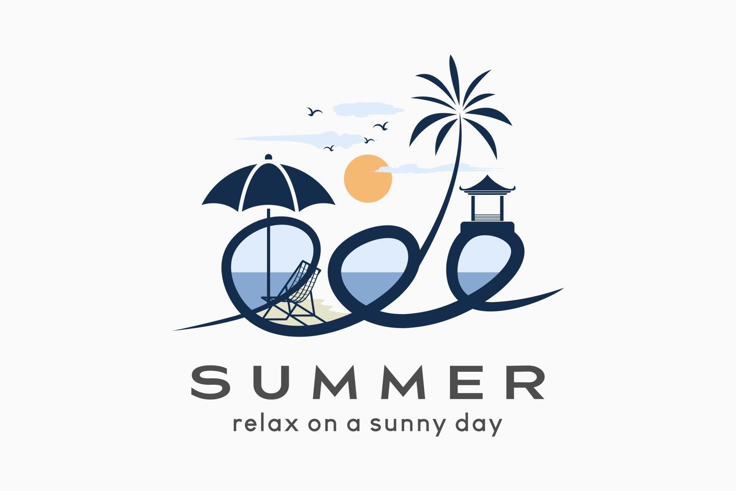 Summer logo, simple outdoor logo illustration in pastel colors. Beach umbrella, gazebo and coconut tree icons in hand drawn waves vector