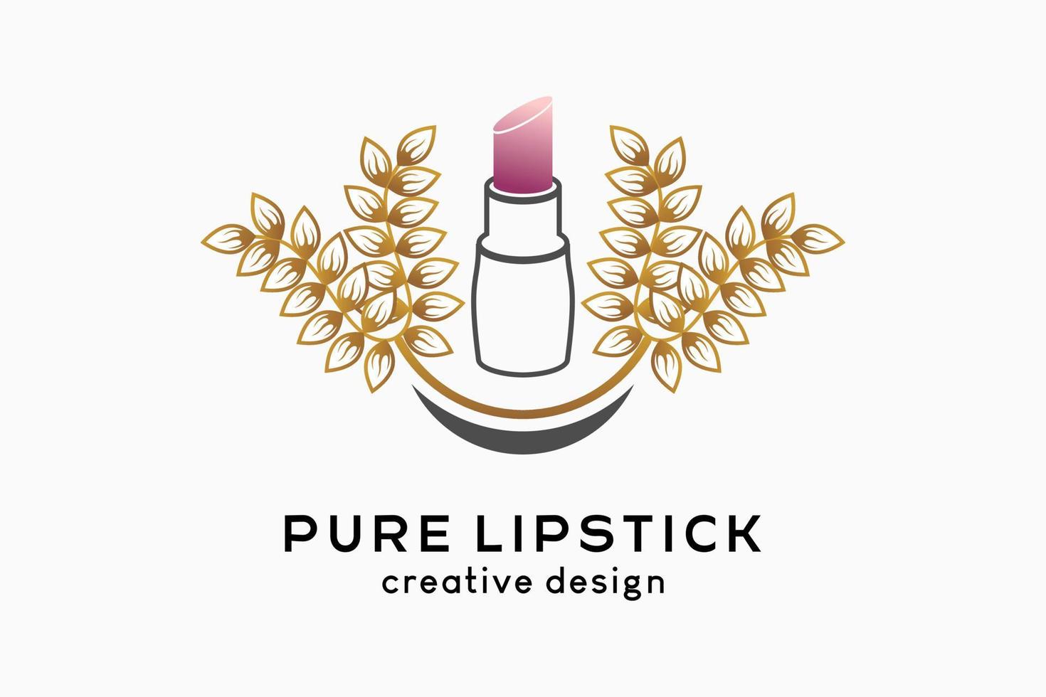 un logo femenino simple y elegante para maquillaje o cosméticos, lápiz labial con hojas combinado con un ícono de labios sonrientes vector