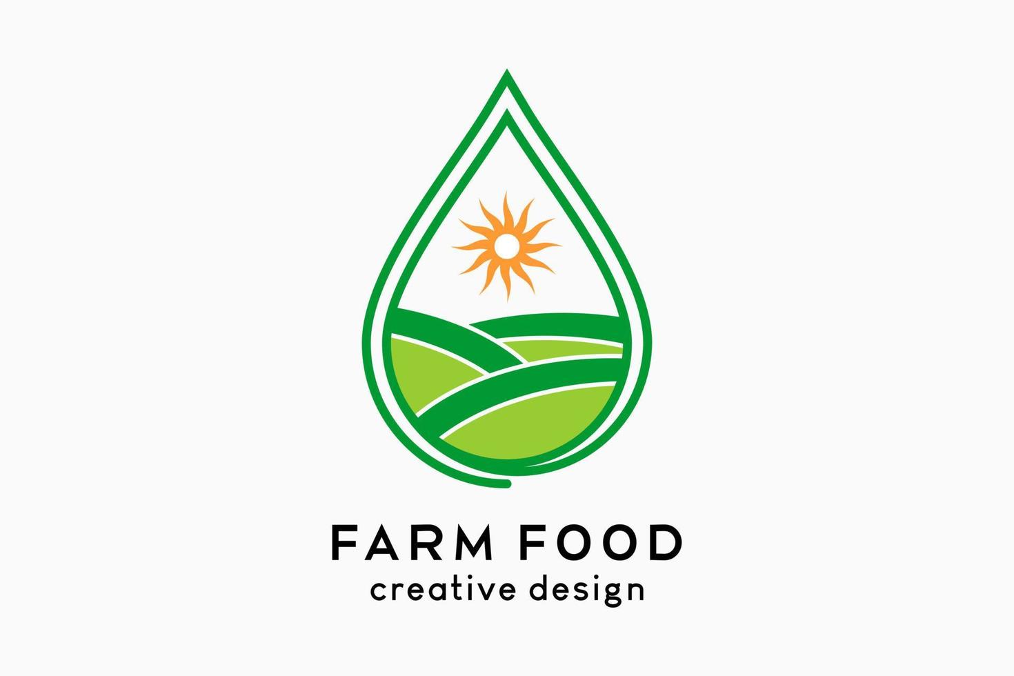 Farm food logo, organic food source illustration. Rice field and sun icon in drops vector