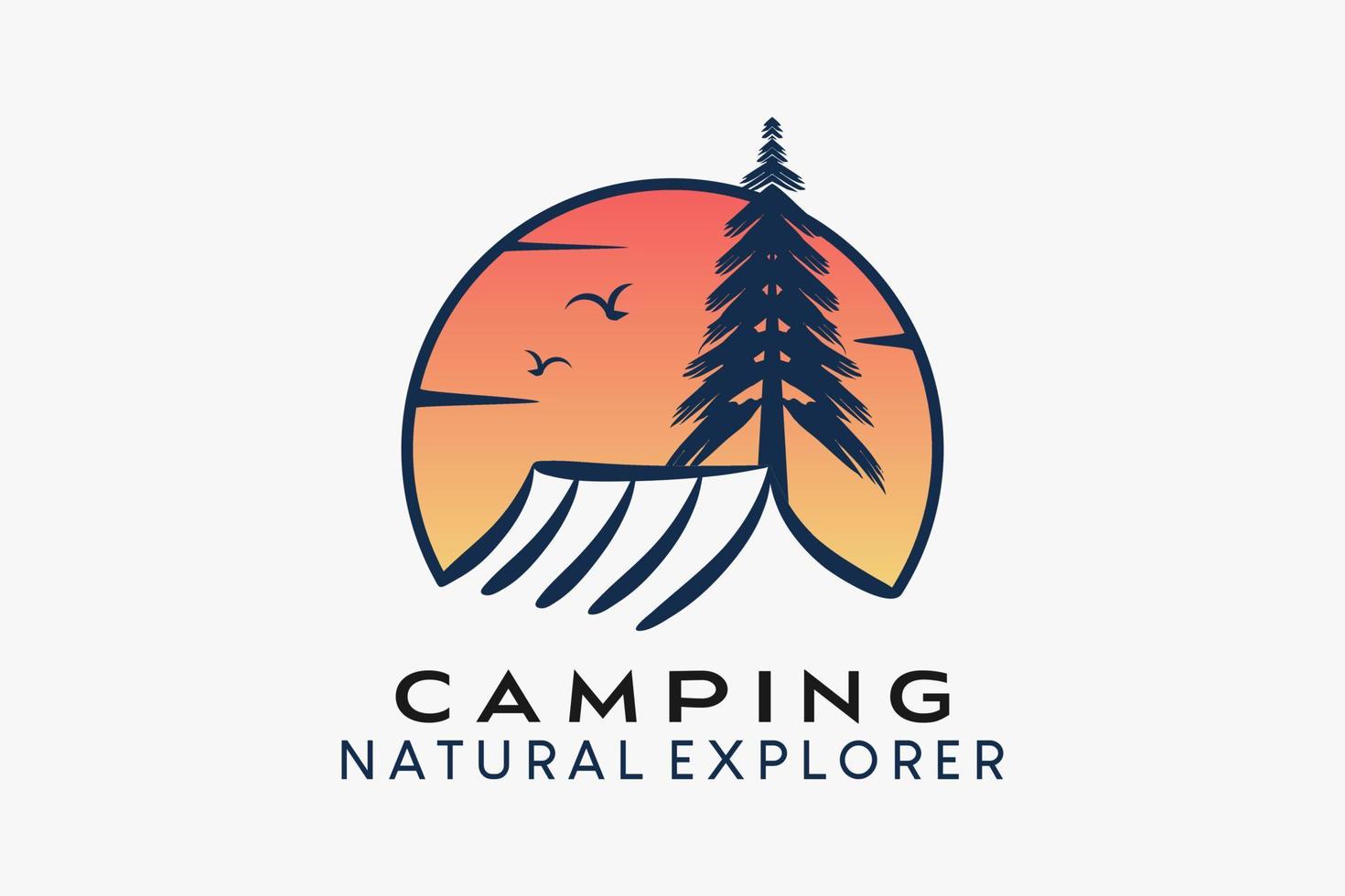 logotipo de camping, explorador de la naturaleza. icono de tienda y abeto al atardecer vector