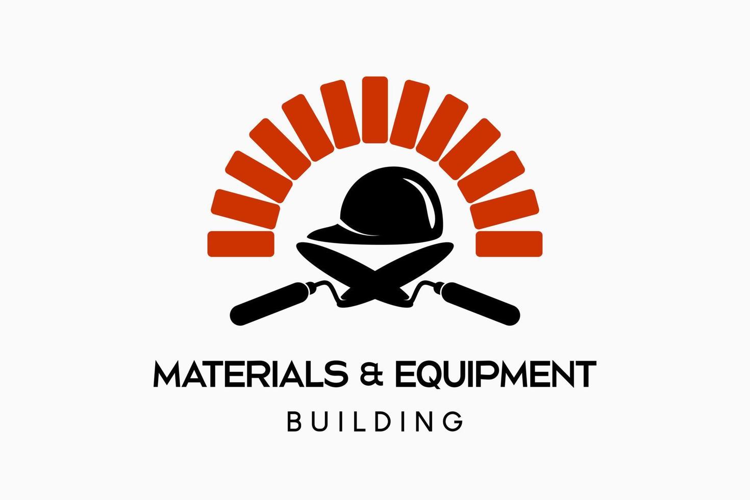 diseño de logotipo de herramientas de construcción, diseño de logotipo de tienda de materiales de construcción o construcción, silueta de una cuchara de cemento y casco con ladrillos torcidos vector