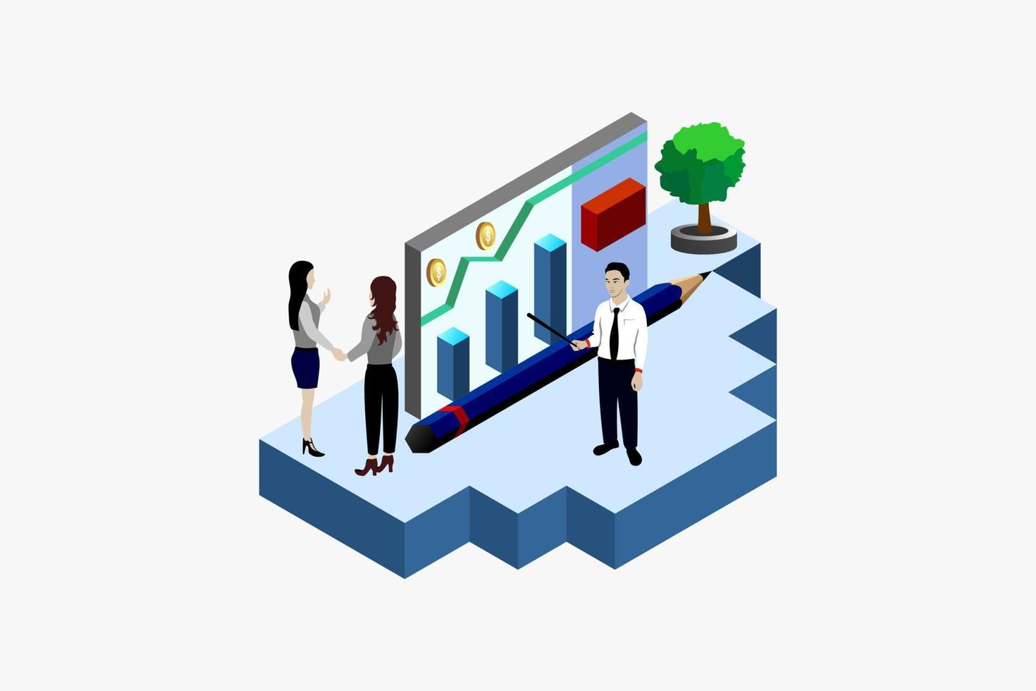 Business isometric web banner illustration, business and data analysis, statistical strategy, work team planning. Business direction isometric vector