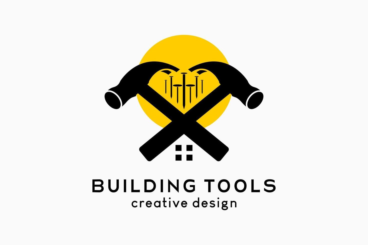 herramientas de construcción o diseño del logotipo de la tienda de construcción, silueta de un martillo con clavos en puntos vector