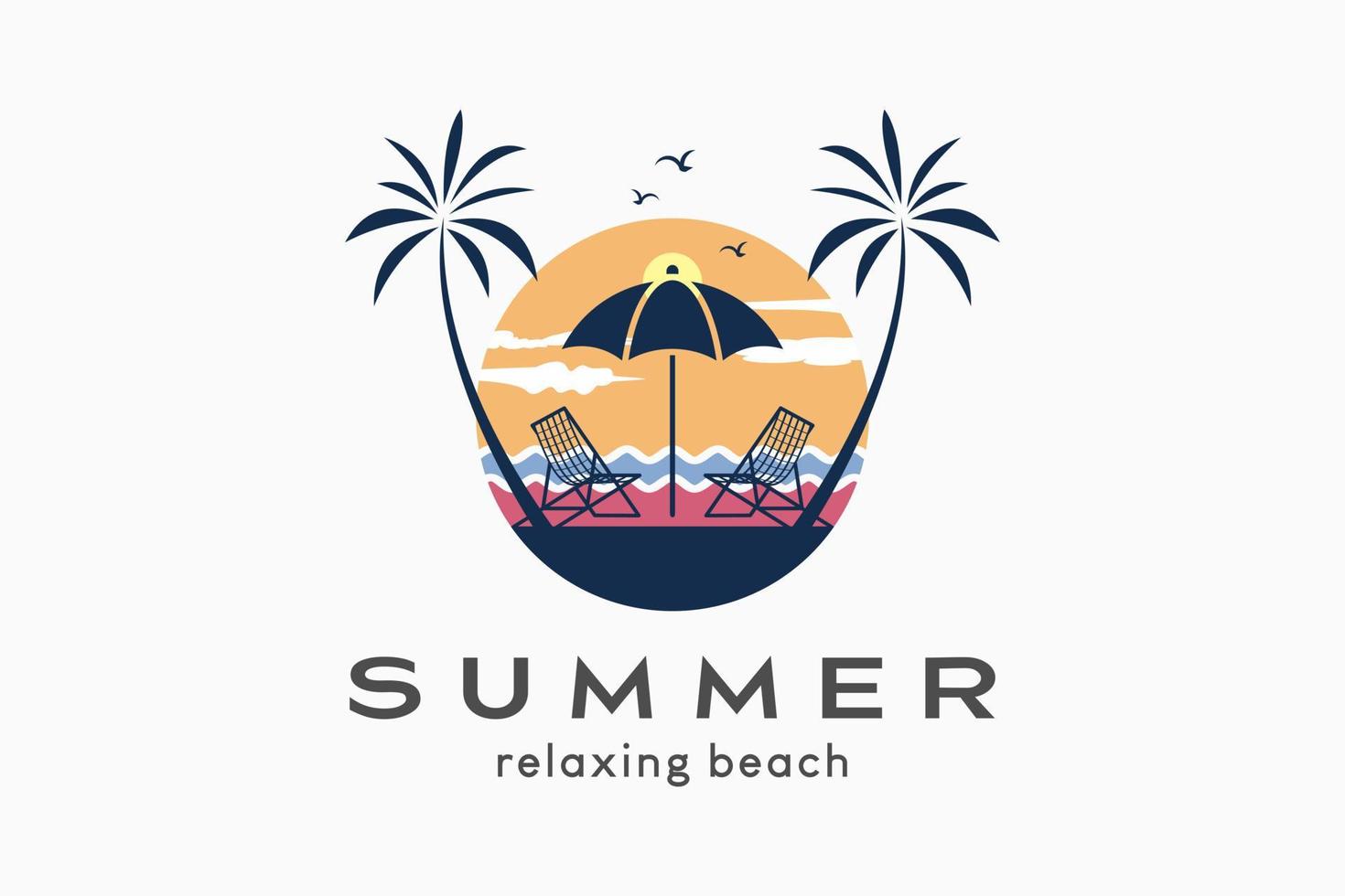 Summer logo, simple outdoor logo illustration in pastel colors. Coconut tree icon, beach chairs and umbrella in sunset vector