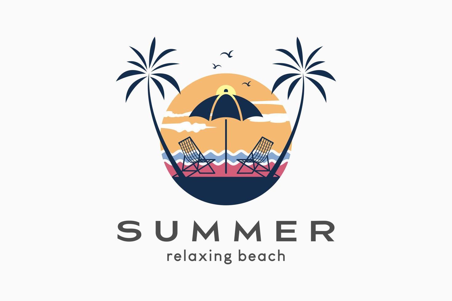 logo de verano, simple ilustración de logo al aire libre en colores pastel. icono de árbol de coco, sillas de playa y sombrilla al atardecer vector