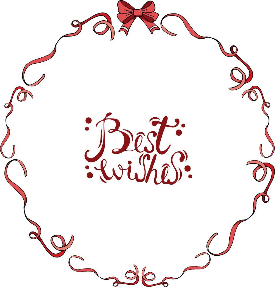 Round frame with pink ribbons and ribbon bow on white background. Calligraphy phrase Best wishes. Circle template with festive romantic elements for greeting cards, posters, advertisement vector