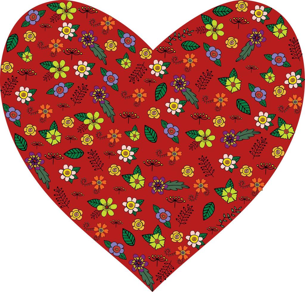 Heart made of floral elements on red background. Template with romantic floral doodles for season spring design vector