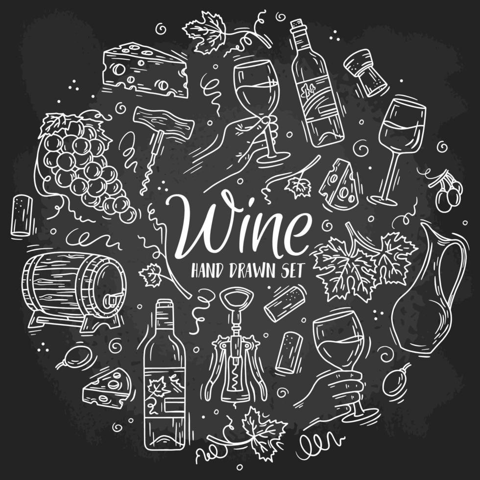 Wine and cheese vector circle hand drawn chalk set on the blackboard in Doodle sketch style. Linear icons for the menu of glasses, barrel, grapes and bottles.