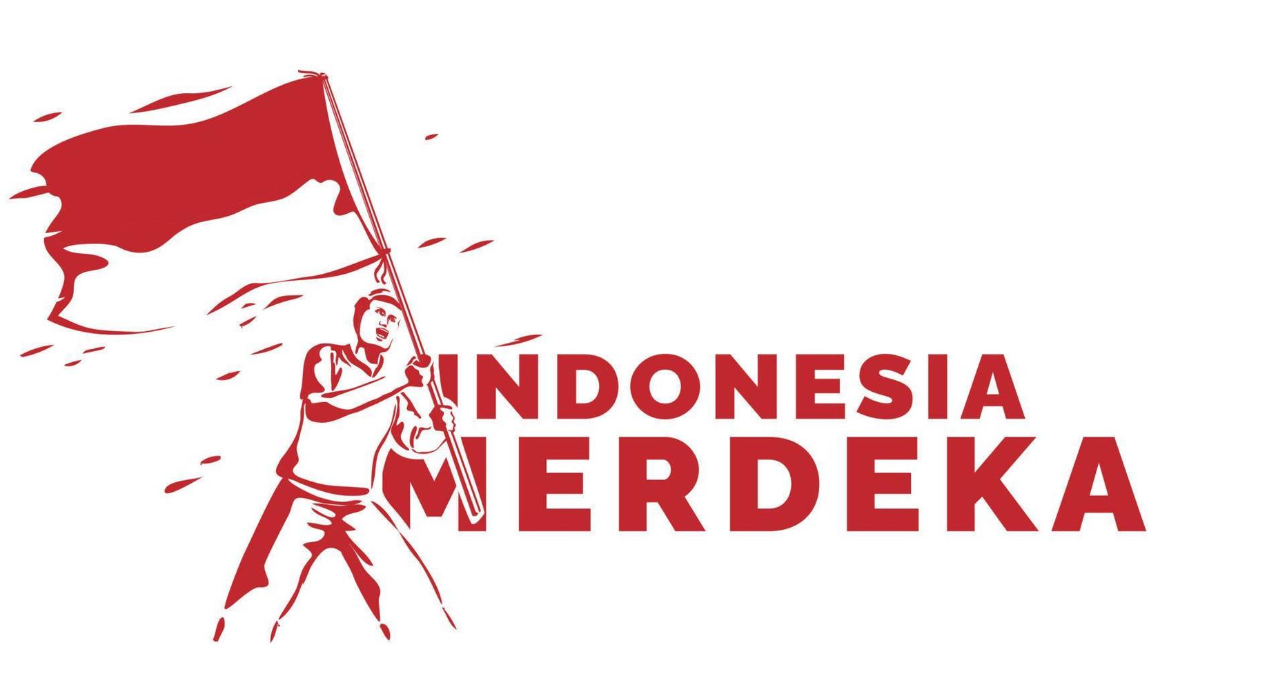 joven indonesio celebrando el día de la independencia de indonesia con bandera ondeante. merdeka se traduce como independencia o libertad o independiente vector