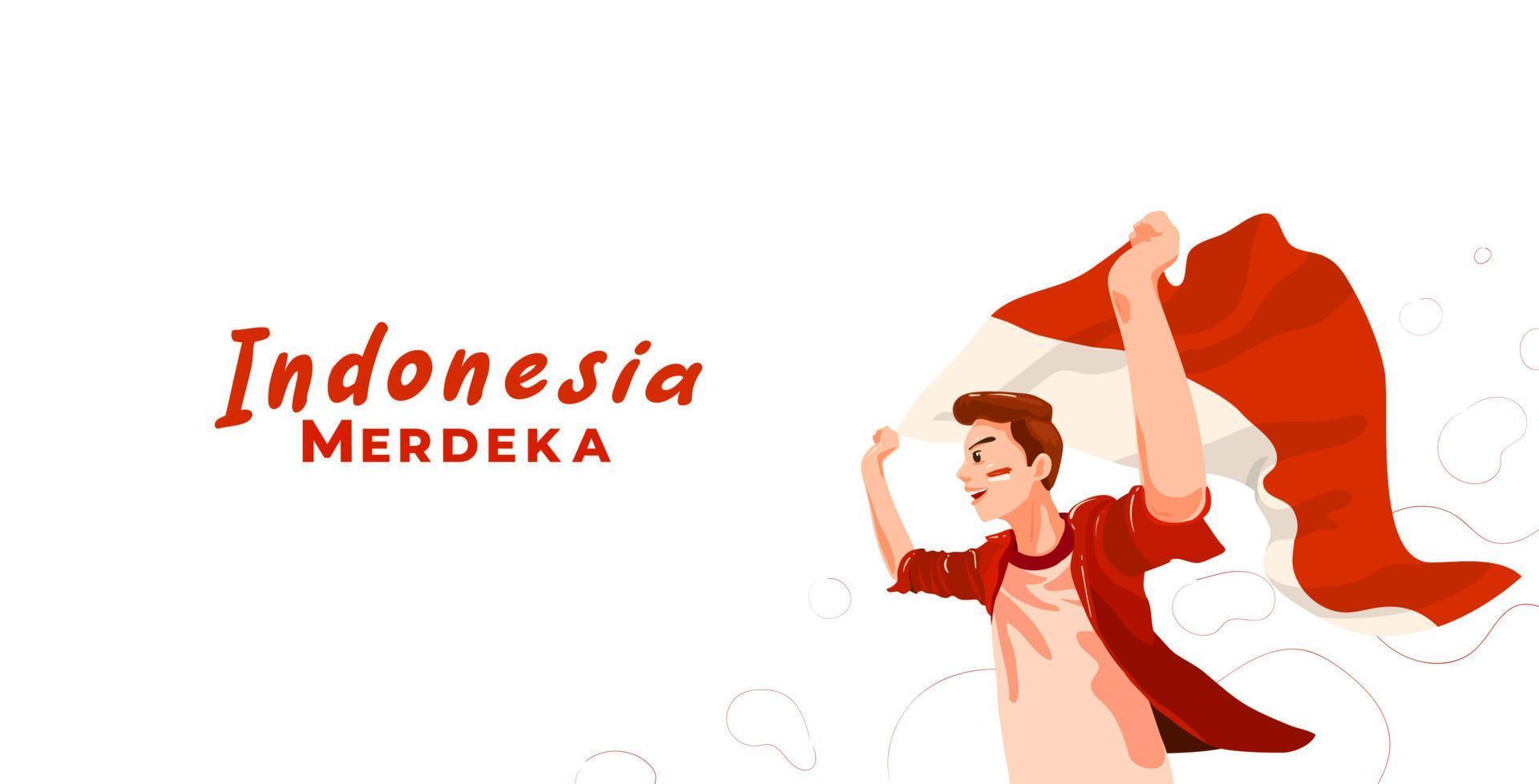 joven indonesio celebrando el día de la independencia de indonesia con bandera ondeante. merdeka se traduce como independencia o libertad o independiente vector