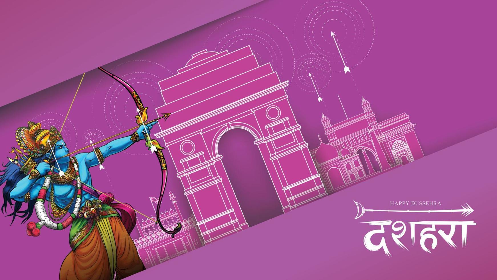 Lord Rama killing Ravana in Happy Dussehra Navratri poster festival of India. translation dussehra vector