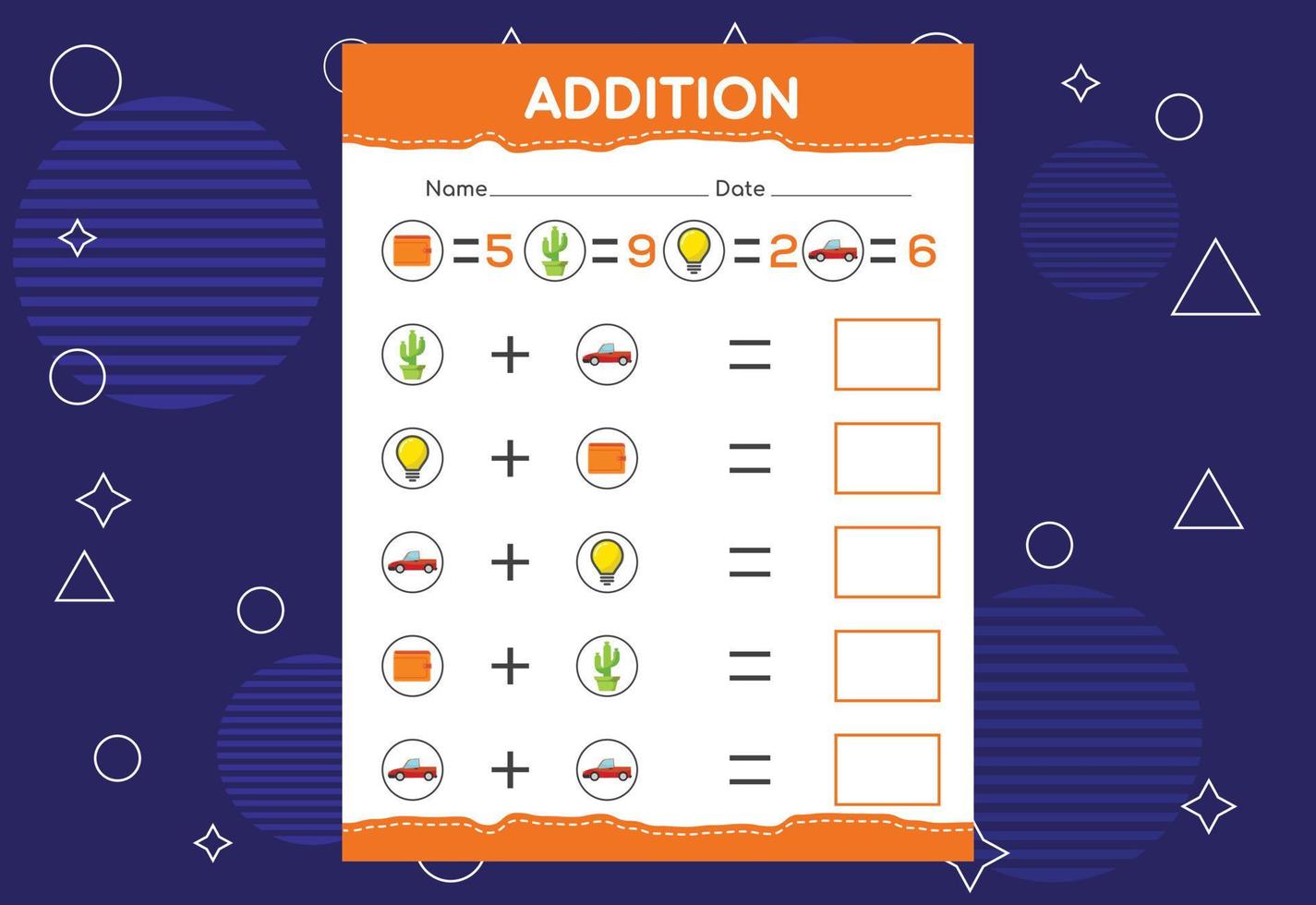Addition with different elements for kids. An educational page for kids. Vector design