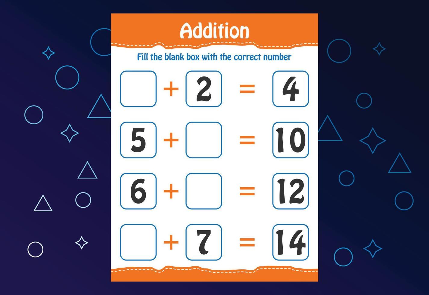 Basic math addition for kids. Fill the blank box with the correct number. Worksheet for kids vector