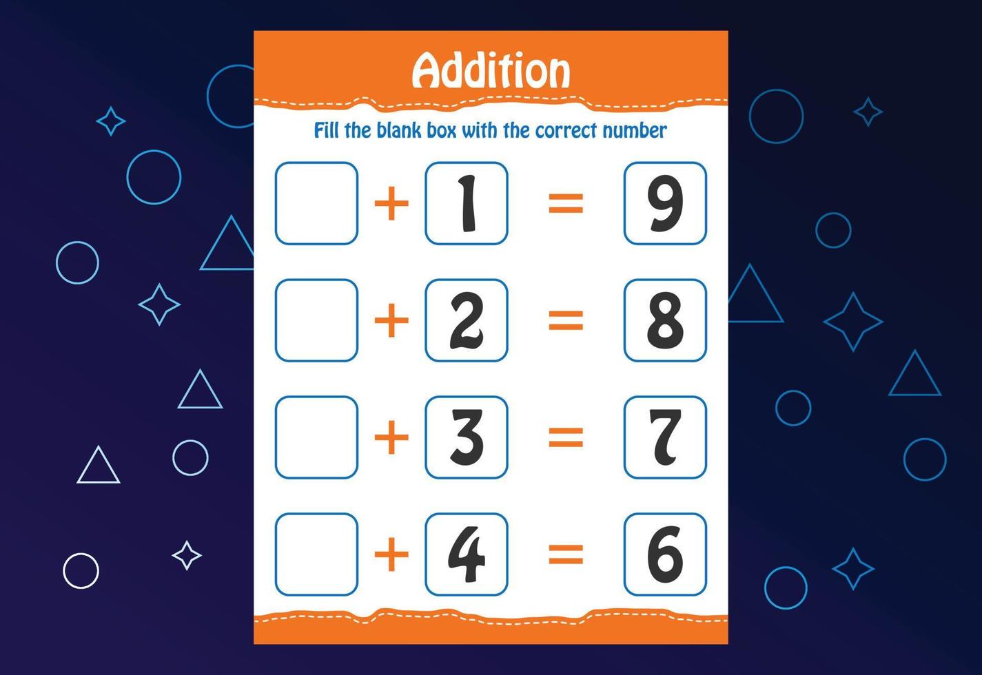 Basic math addition for kids. Fill the blank box with the correct number. Worksheet for kids vector