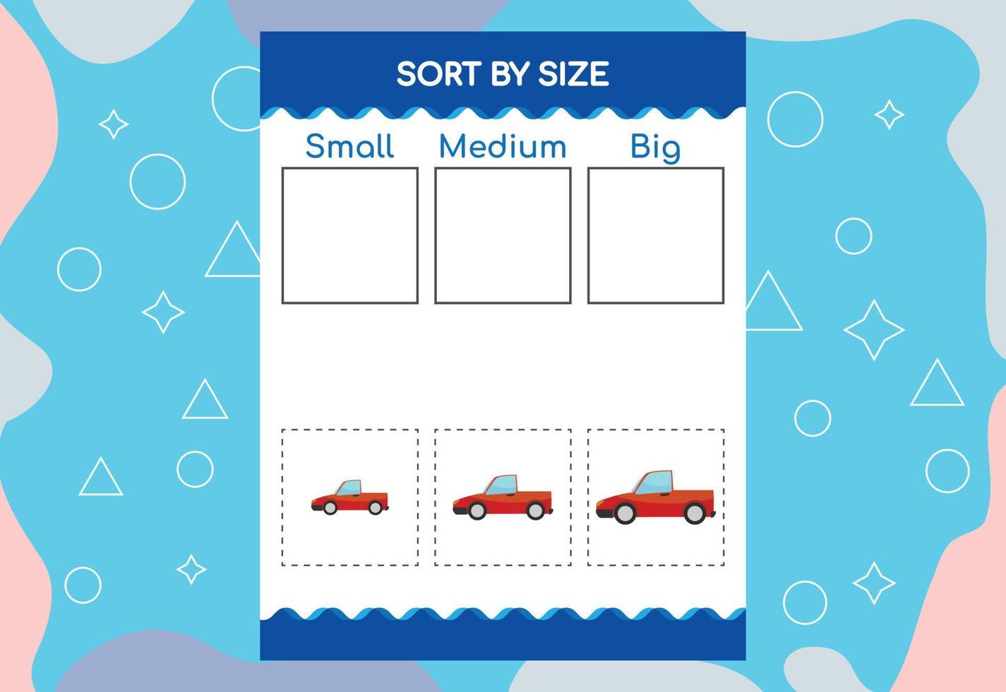 Sort images by size. Educational Worksheet For Kids. vector