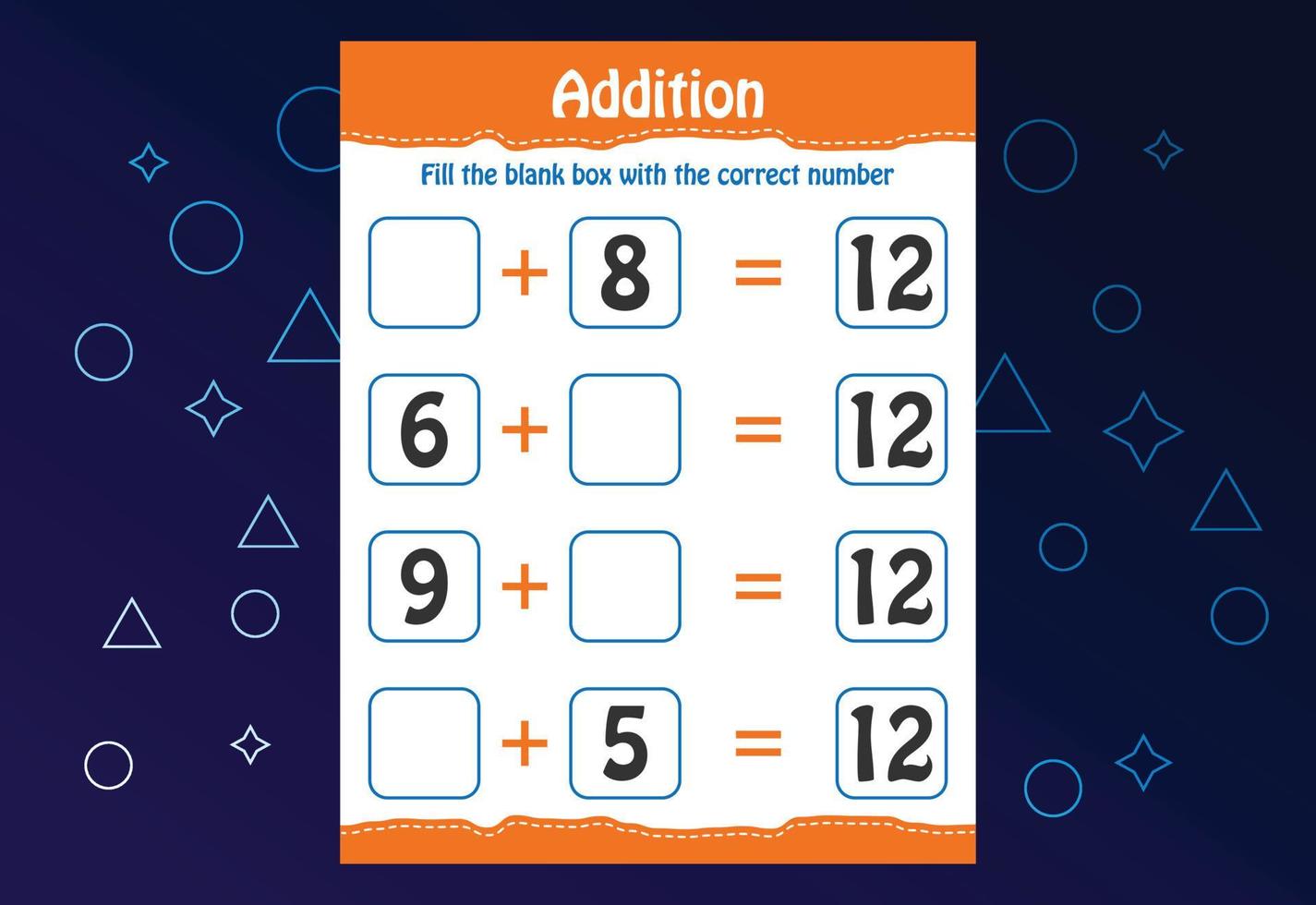 Basic math addition for kids. Fill the blank box with the correct number. Worksheet for kids vector