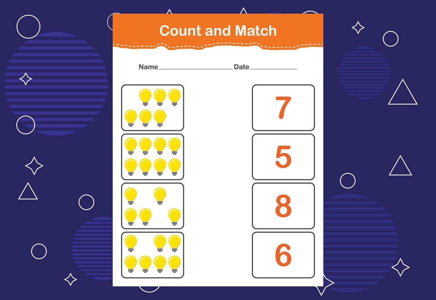 Count and Match worksheet for kids. Count and match with the correct number. Matching education game vector