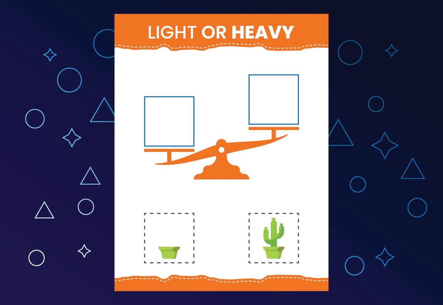 Light or heavy educational worksheet with scales. Heavier and lighter weight object learning vector