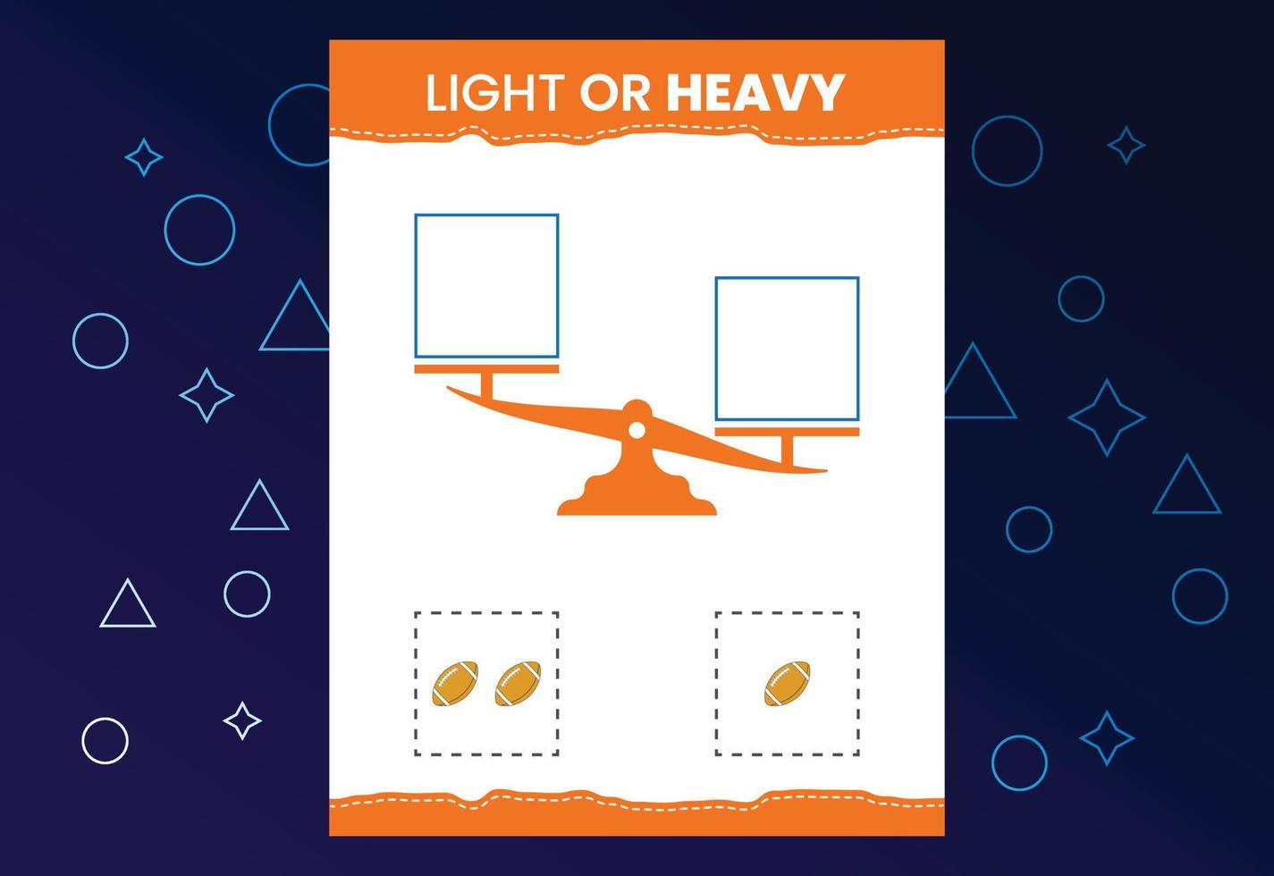 Light or heavy educational worksheet with scales. Heavier and lighter weight object learning vector