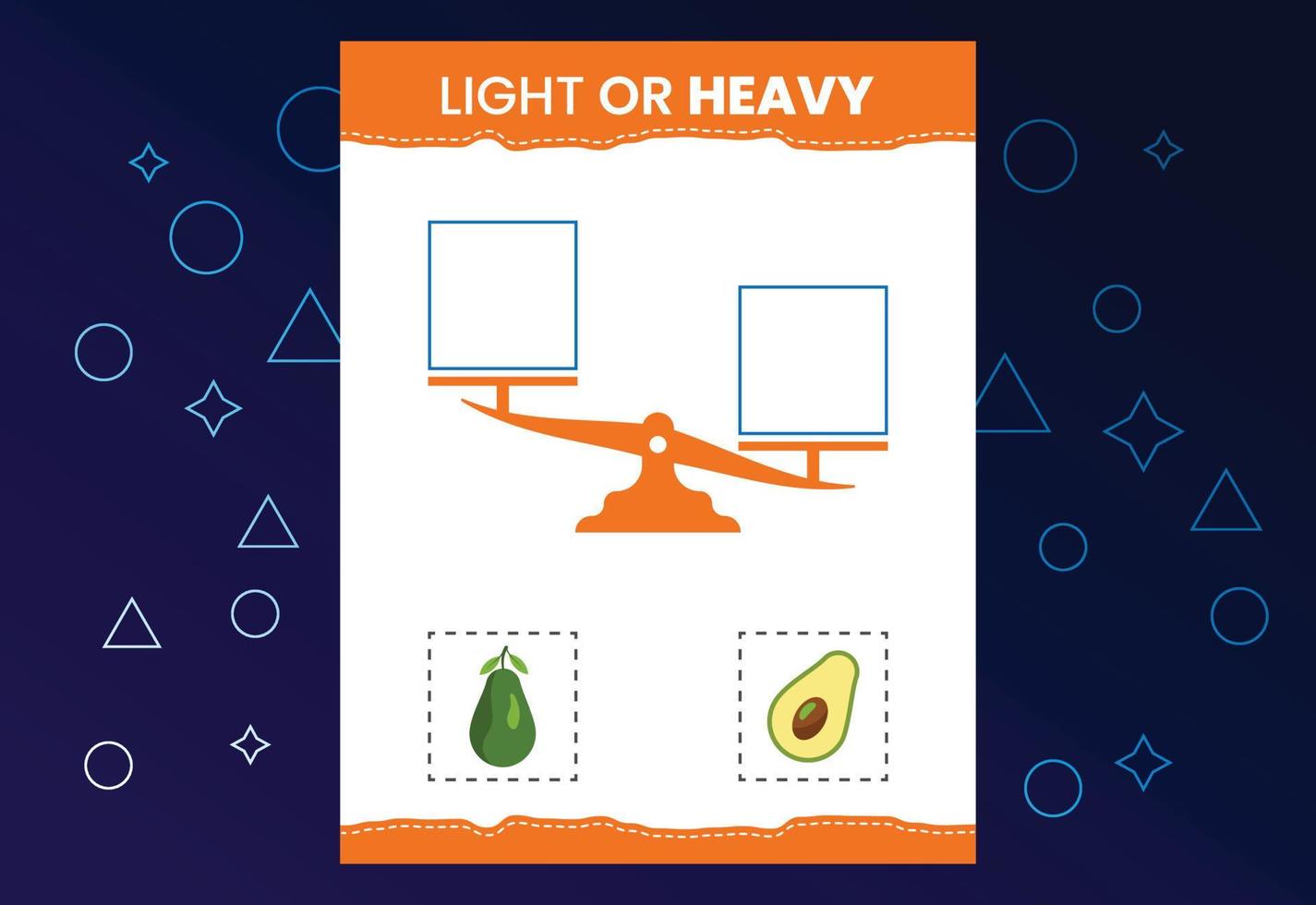 Light or heavy educational worksheet with scales. Heavier and lighter weight object learning vector