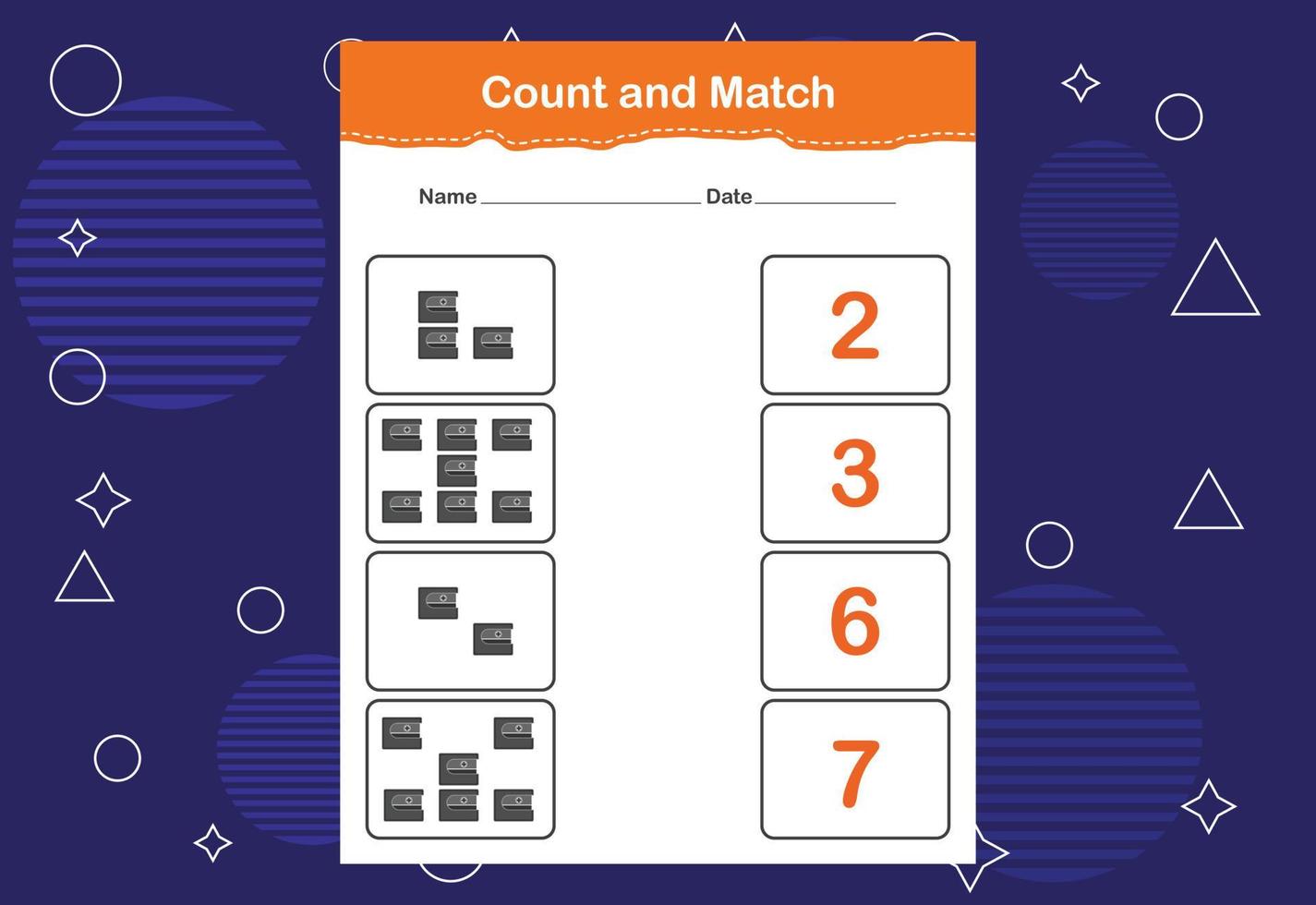 Count and Match worksheet for kids. Count and match with the correct number. Matching education game vector