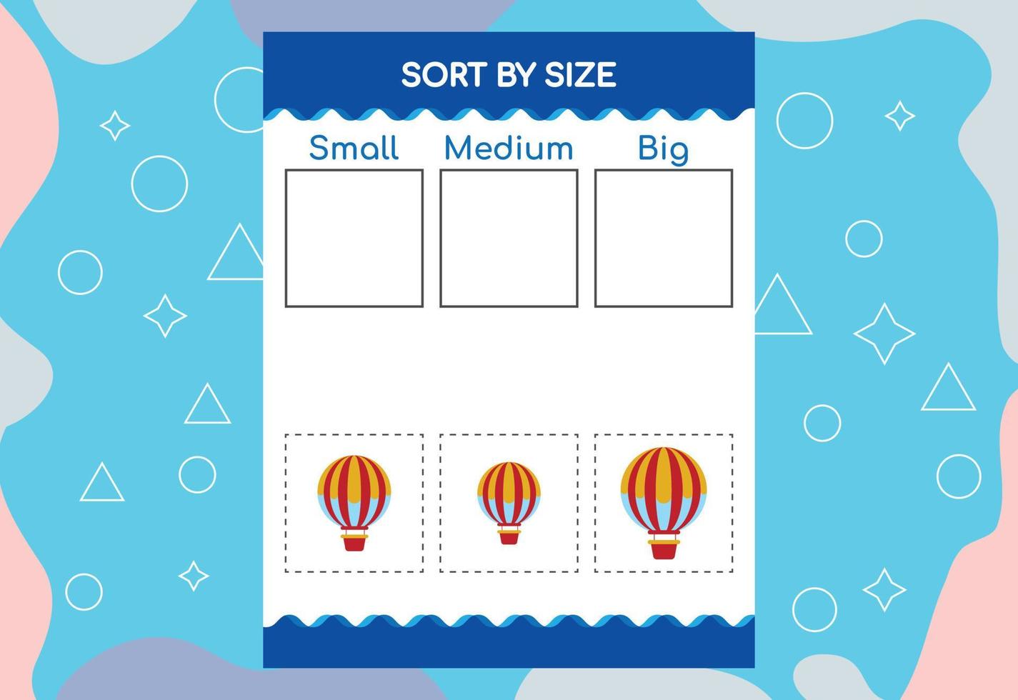 Sort images by size. Educational Worksheet For Kids. vector
