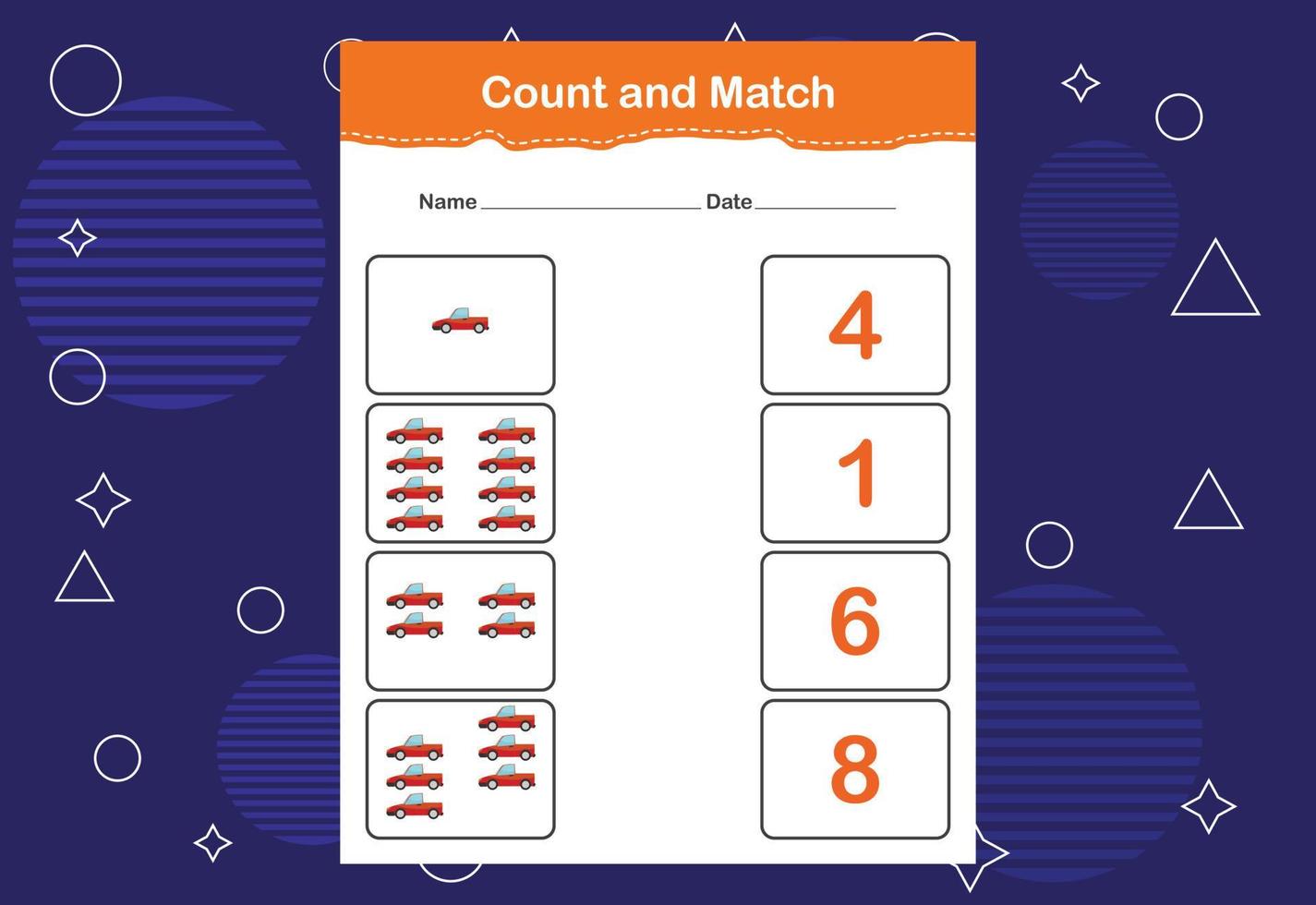 Count and Match worksheet for kids. Count and match with the correct number. Matching education game vector
