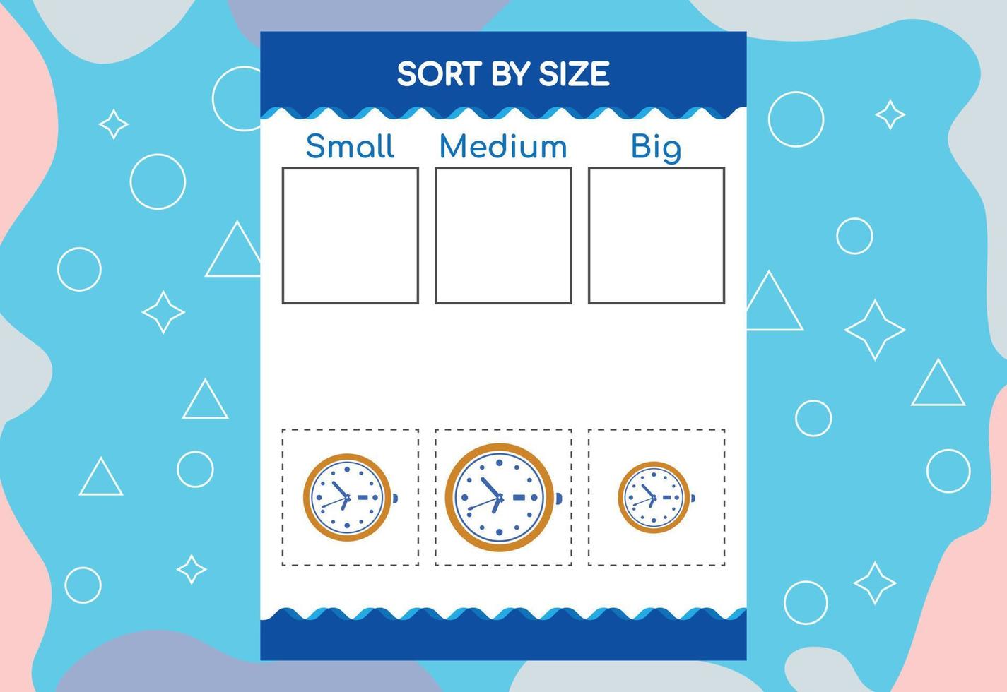 Sort images by size. Educational Worksheet For Kids. vector