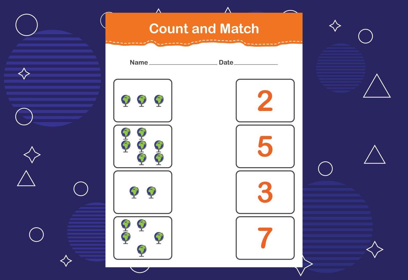 Count and Match worksheet for kids. Count and match with the correct number. Matching education game vector