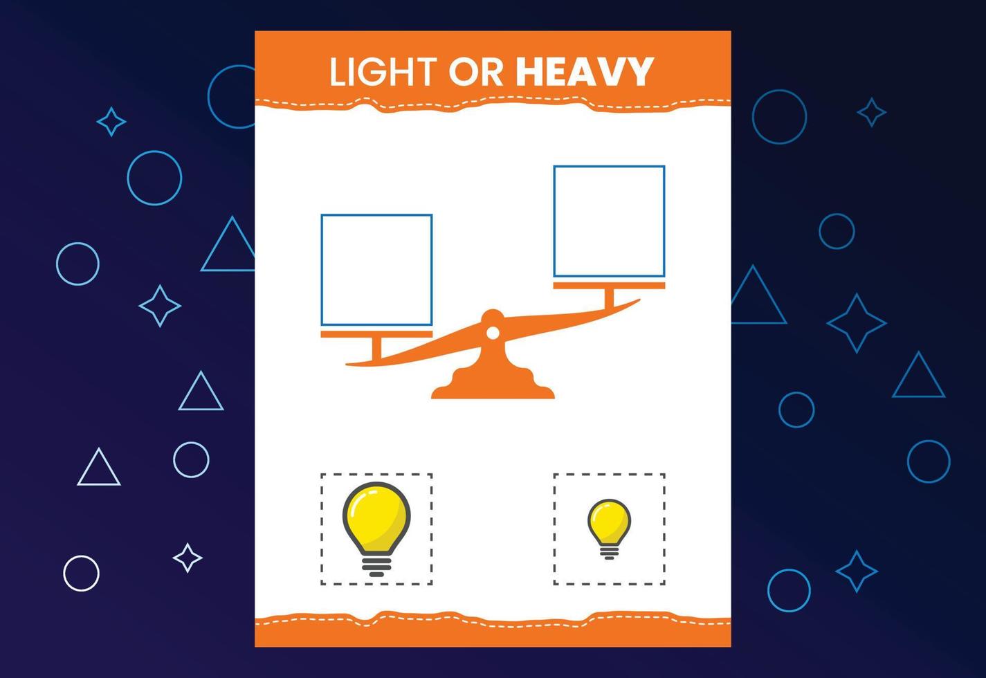 Light or heavy educational worksheet with scales. Heavier and lighter weight object learning vector