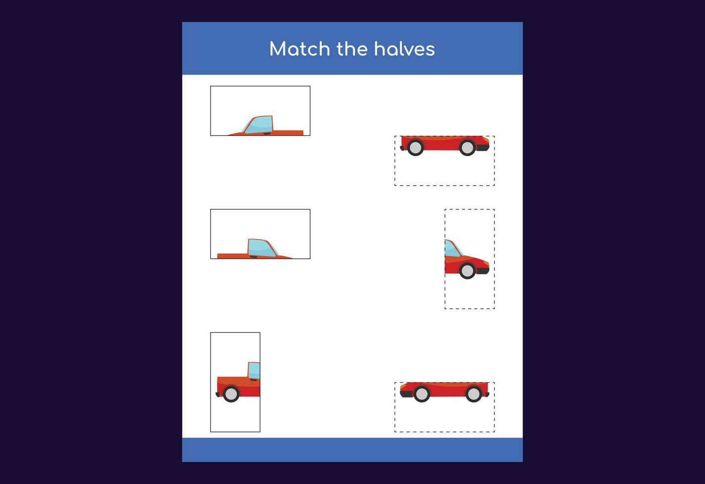 Matching game. Match halves of objects. Educational game for children, printable worksheet vector