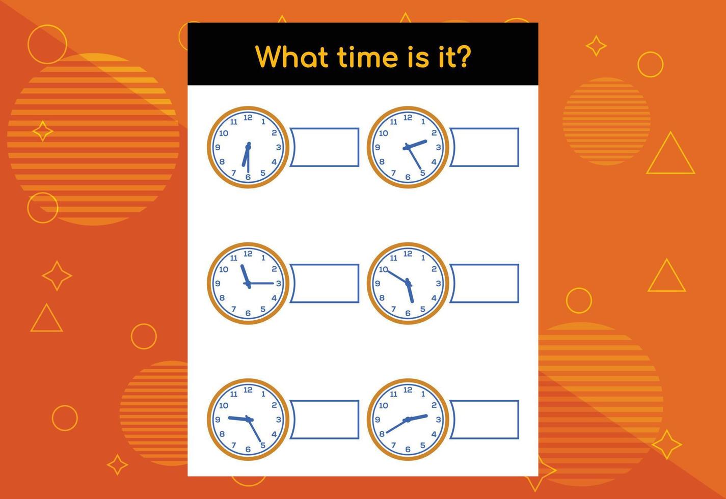 Learning time. Educational activities worksheet for kids. What time is it vector