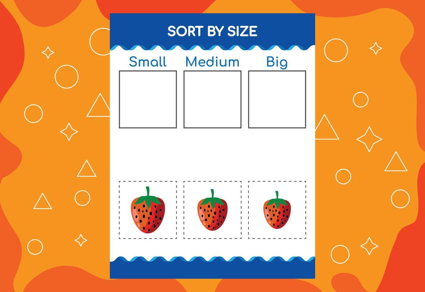 ordenar imágenes por tamaño con frutas. hoja de trabajo educativa para niños vector