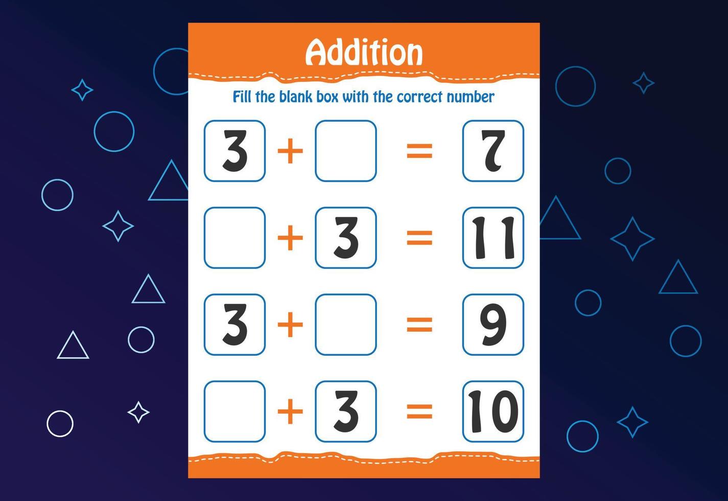 Basic math addition for kids. Fill the blank box with the correct number. Worksheet for kids vector