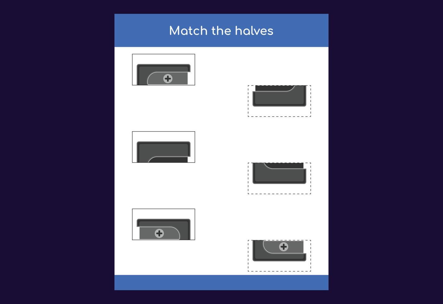 Matching game. Match halves of objects. Educational game for children, printable worksheet vector