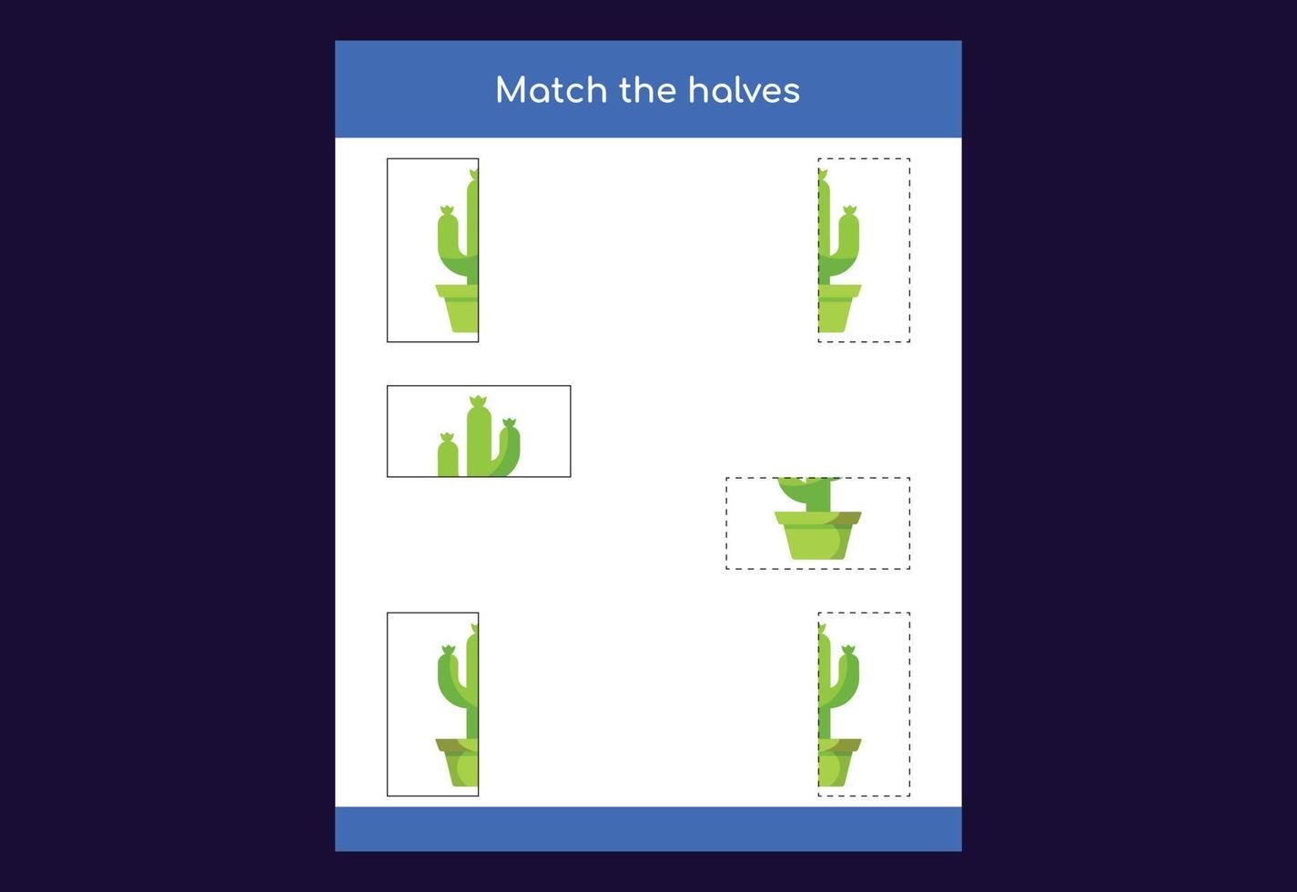 Matching game. Match halves of objects. Educational game for children, printable worksheet vector