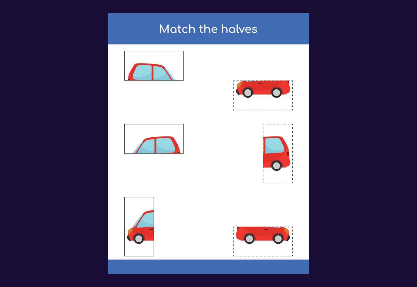 Matching game. Match halves of objects. Educational game for children, printable worksheet vector