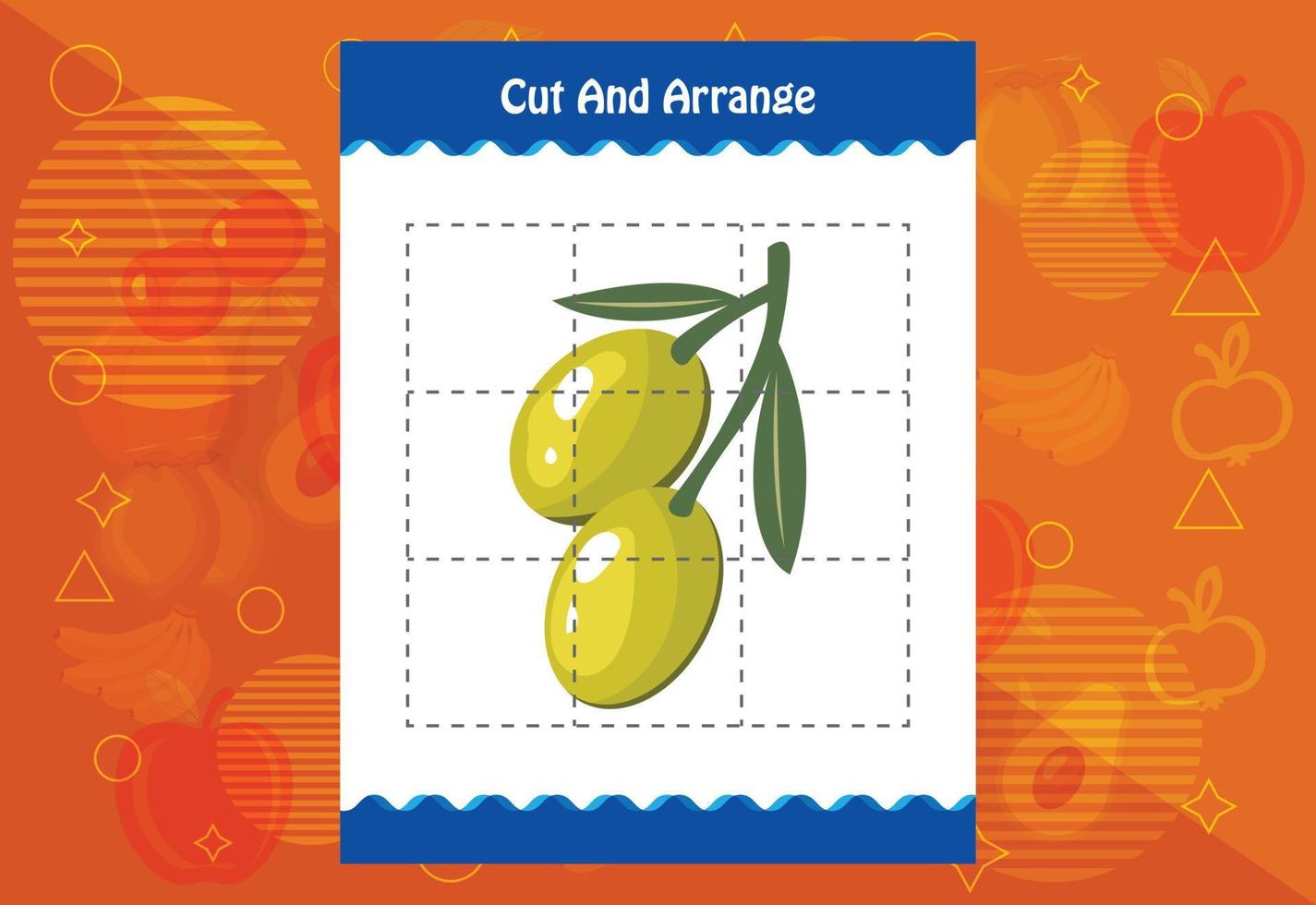 Cut and arrange with a fruit worksheet for kids. Educational game for children vector