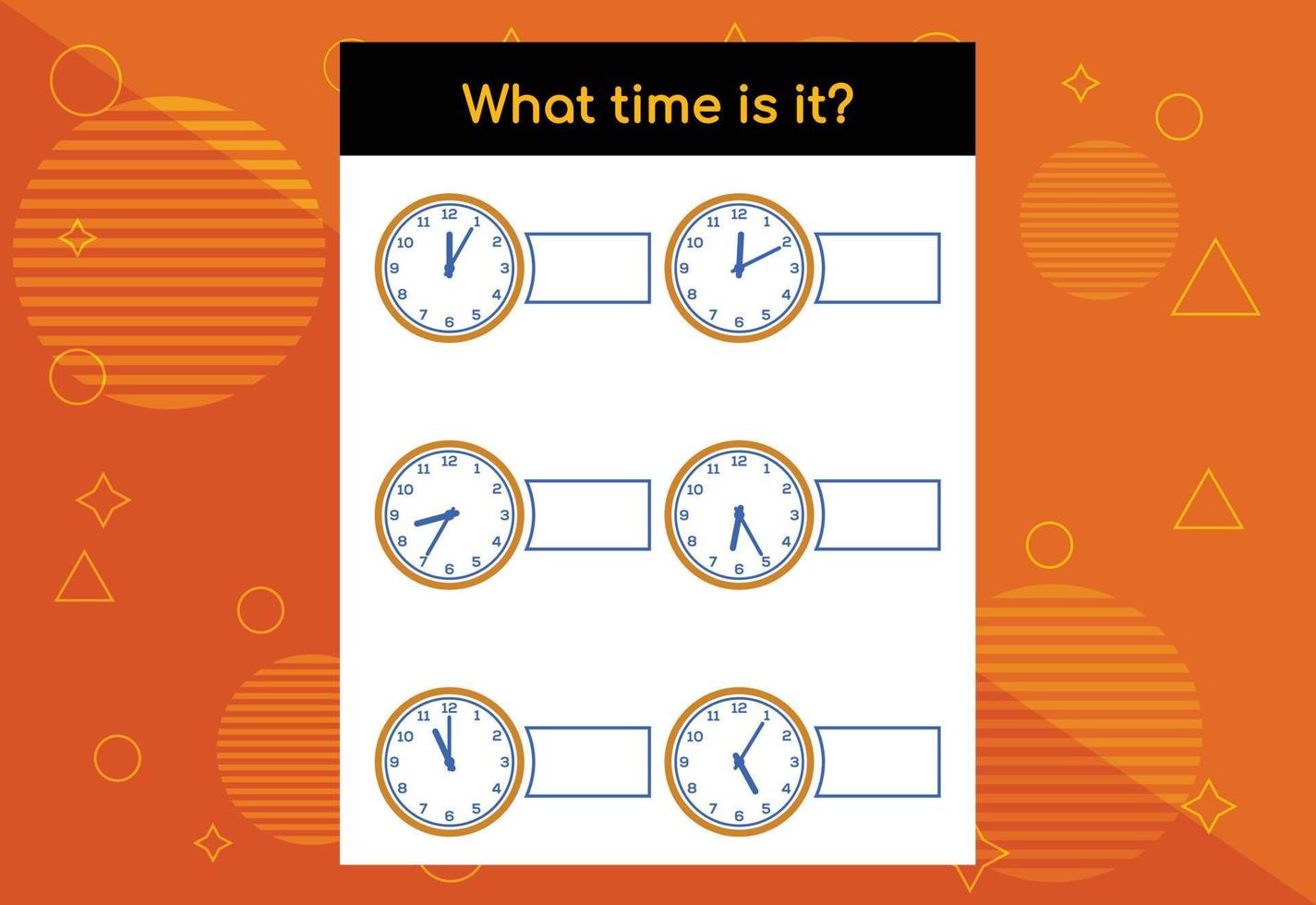 Learning time. Educational activities worksheet for kids. What time is it vector