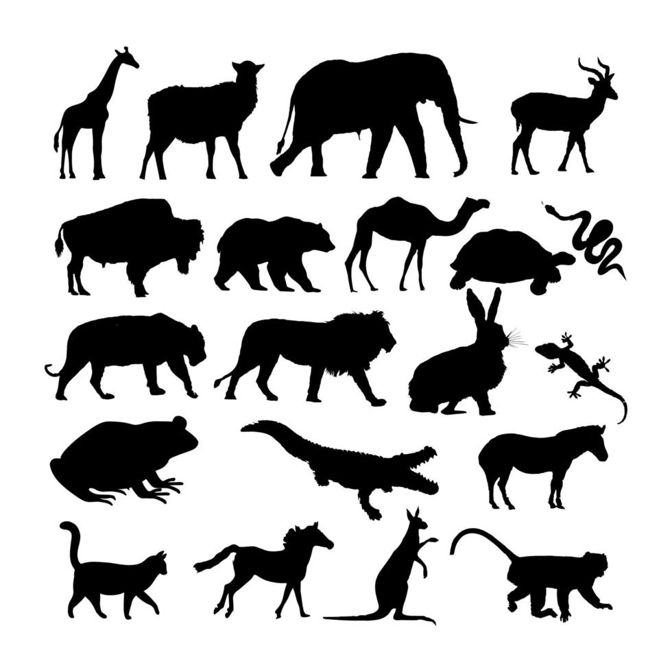 colección de siluetas de animales. león, elefante, oso, cocodrilo, mono, gato, caballo, rana, bisonte, serpiente, querido, cebra, camello, lagarto, tortuga, canguro ilustración vectorial vector