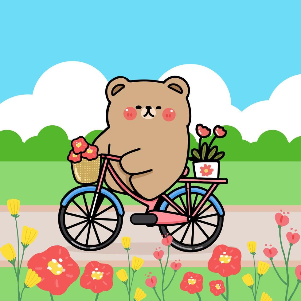 oso de dibujos animados andar en bicicleta en el parque público del jardín de flores, temporada de primavera y verano, ilustración plana vector