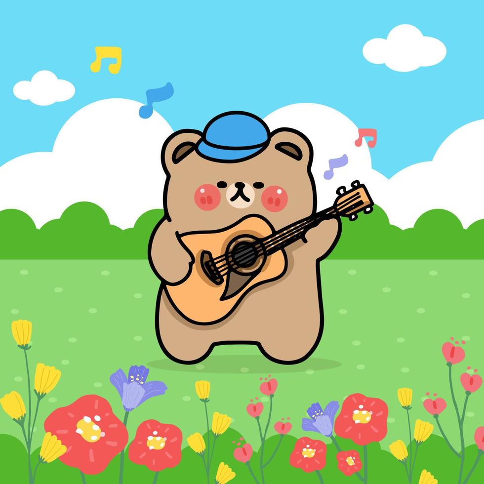 cartoon character bear playing guitar at public park, spring and summer season, flat illustration vector