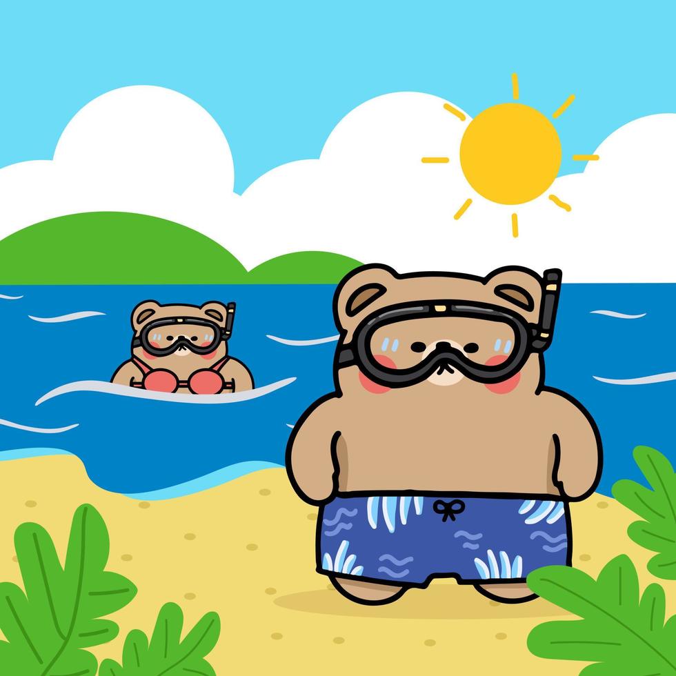 oso de dibujos animados nadando con anillo de goma en la piscina en la temporada de verano, ilustración plana vector