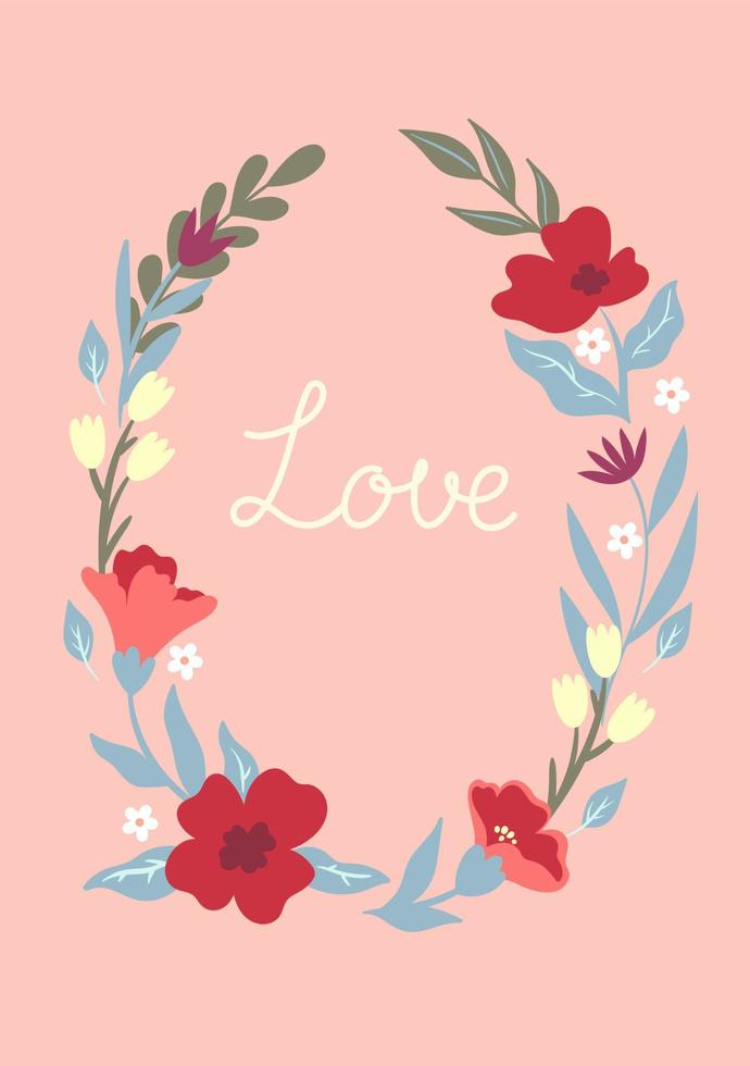 Spring floral frame with the inscription love. Vector graphics.