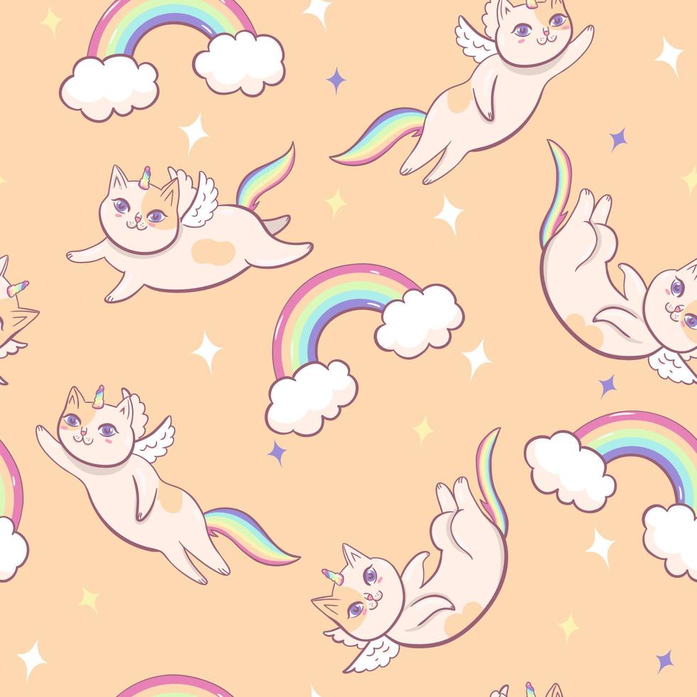 Seamless pattern of cats unicorns and rainbows. Vector graphics