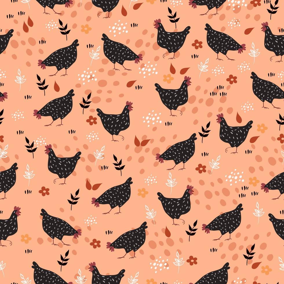 Pattern with pockmarked hens on a beige background. vector