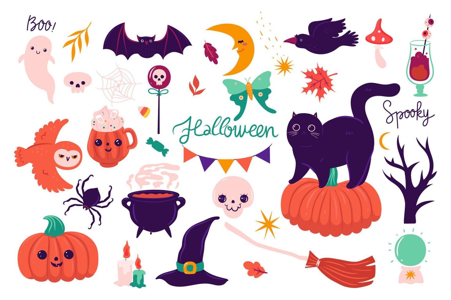 Set of cute Halloween elements isolated on white background. Vector graphics.