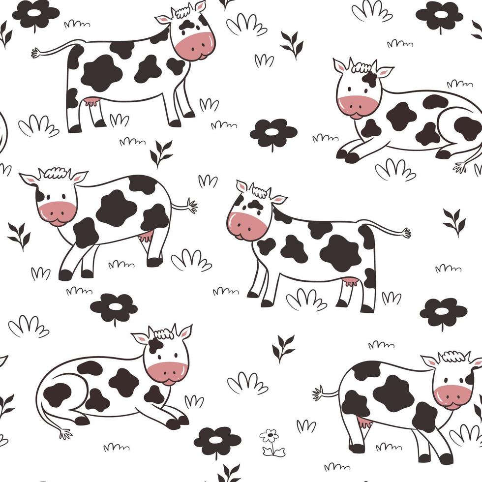 Seamless pattern with cows on a white background. Vector graphics.