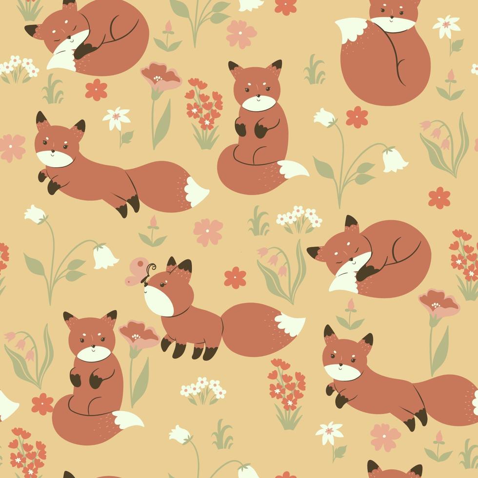 Seamless pattern with foxes and flowers. Vector graphics.