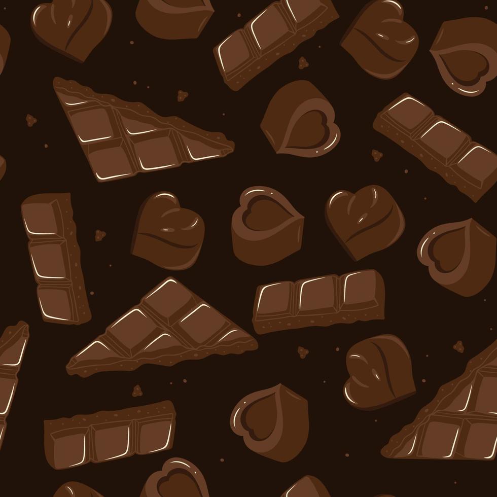 Seamless pattern with chocolates and pieces of chocolate bars. Vector graphics.